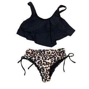 Womens Black Top and Cheetah Print High Waisted Bottoms
